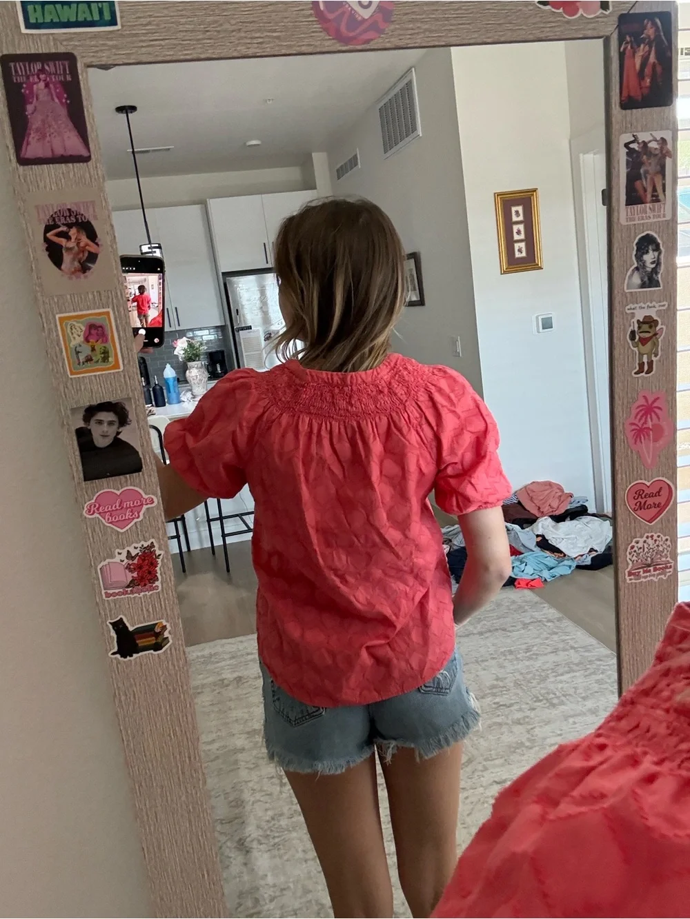 LOFT Coral Smocked Yoke Puff-Sleeve Blouse